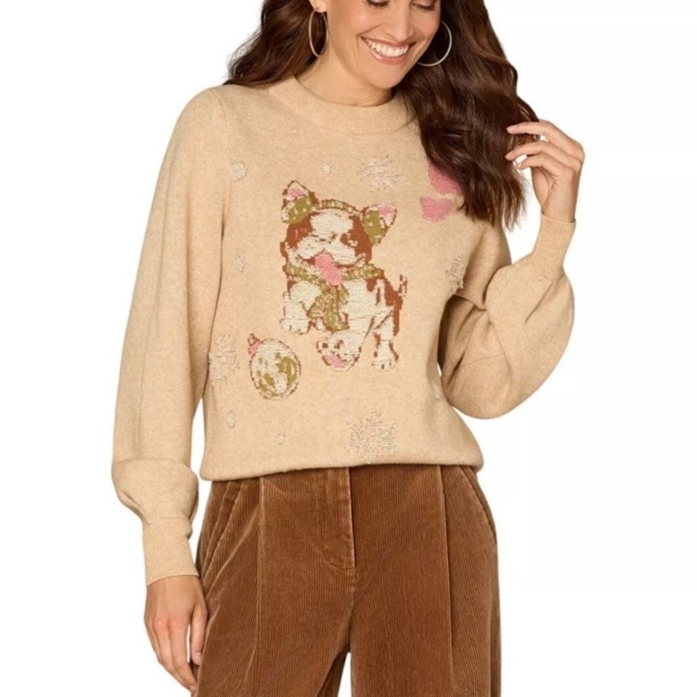 Democracy Women XL Long Sleeve Round Neck Placement Dog Jacquard Holiday Sweater
